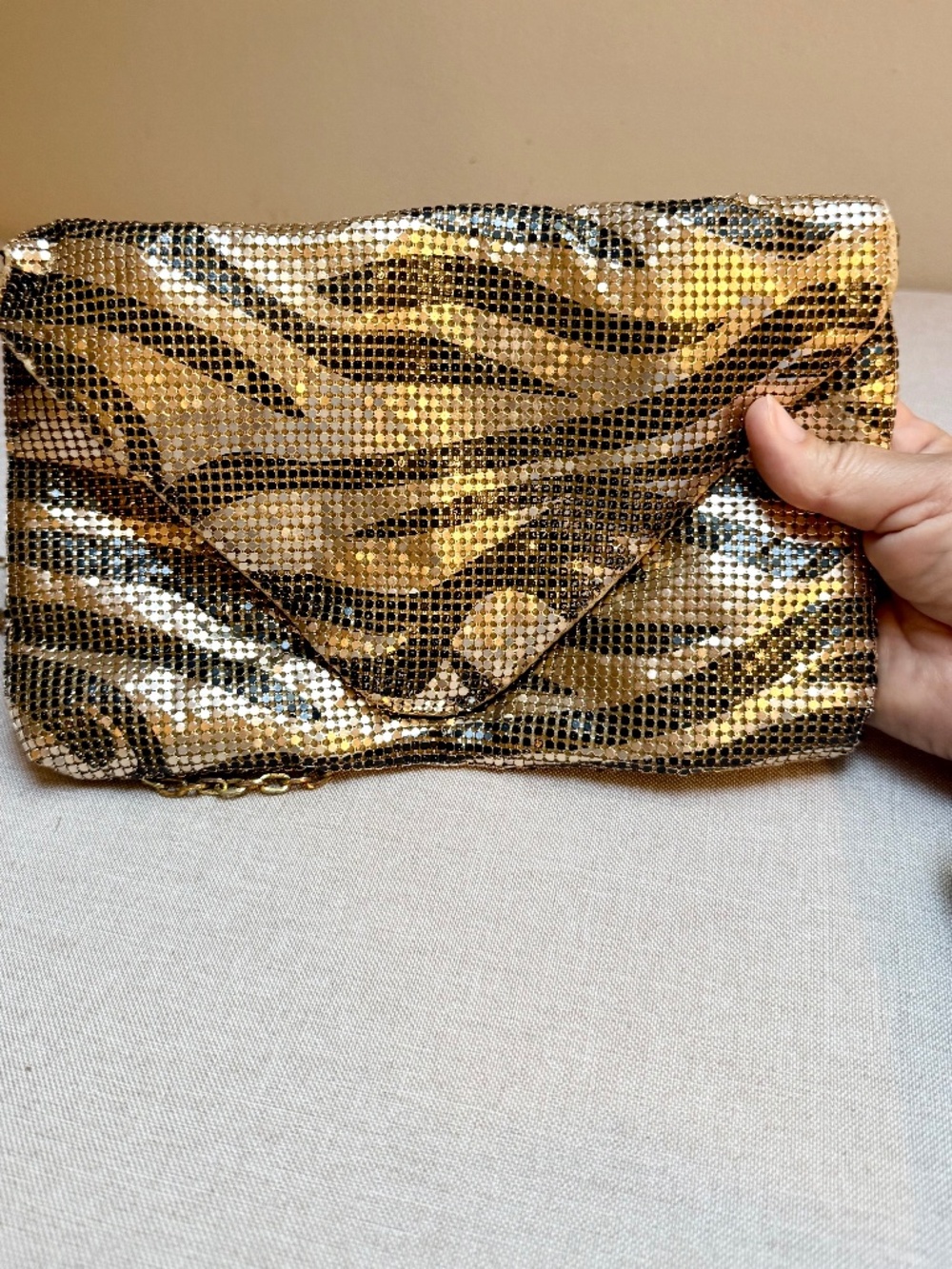 Metallic Mesh Handbag Gold Tiger Print Clutch Crossbody Bag